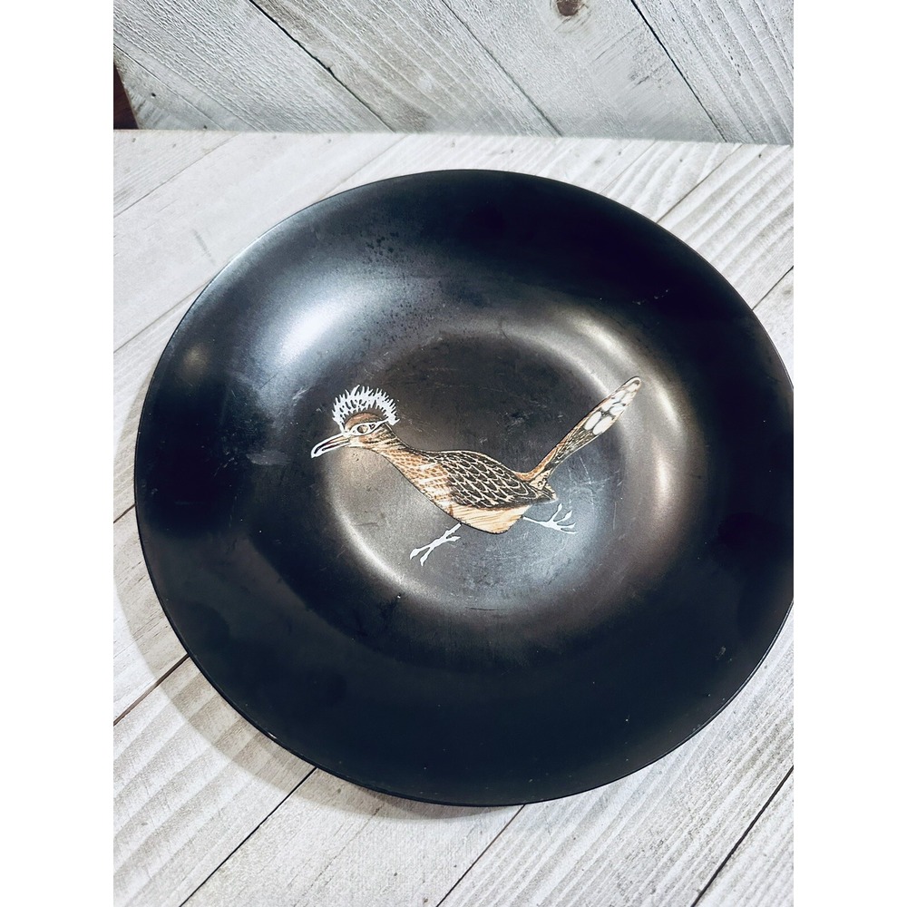 Vintage Couroc Monterey Roadrunner Black Resin Bowl Mid Century Modern 7.5